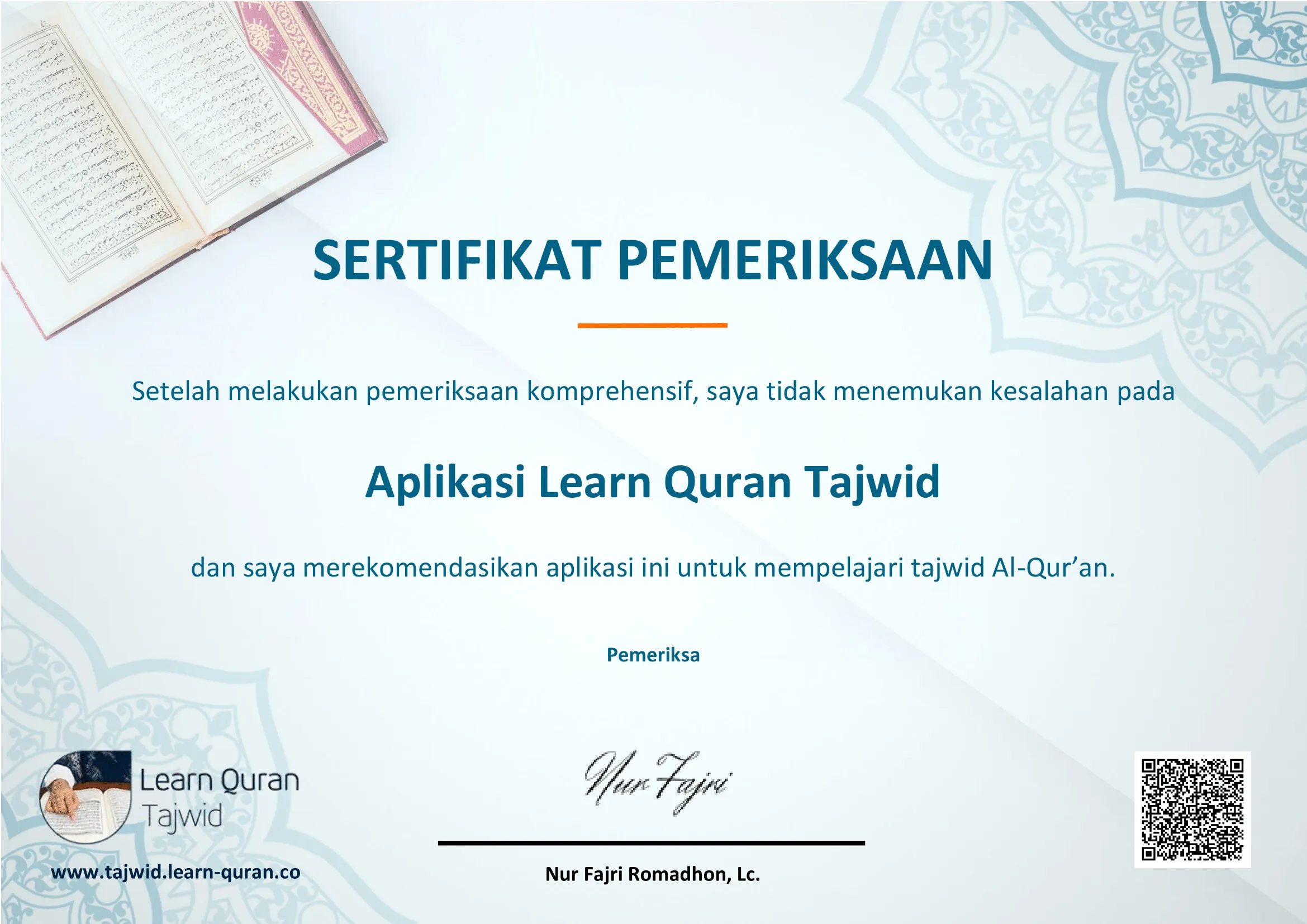 Verification certificate from Nur Fajri Romadhon — Indonesian