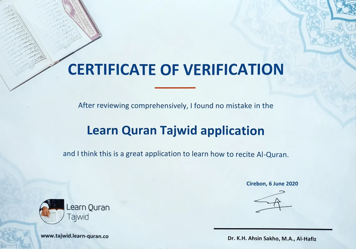 Verification certificate from K.H. Ahsin Sakho Muhammad — English