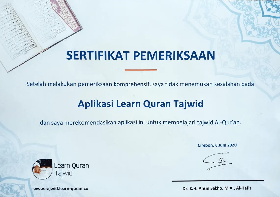 Verification certificate from K.H. Ahsin Sakho Muhammad — Indonesian